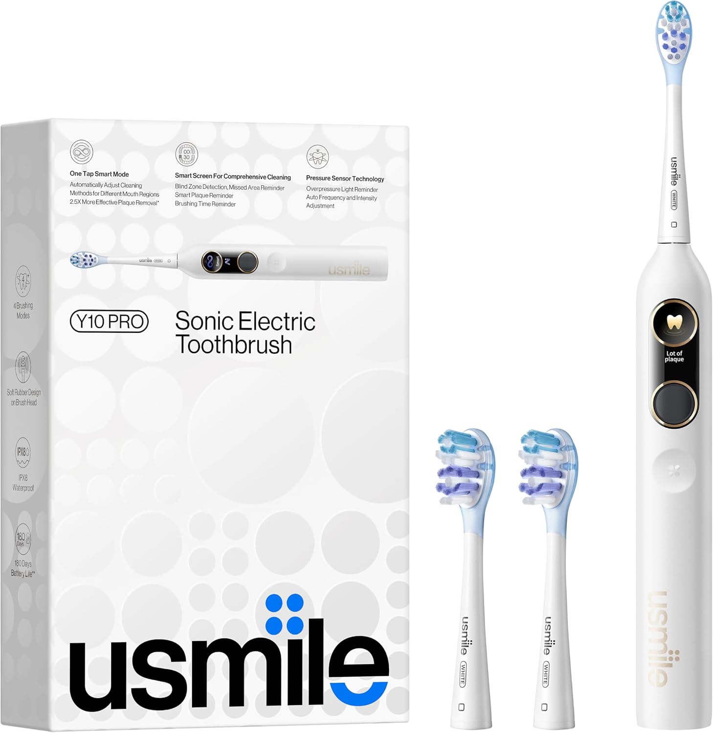 usmile Y10 PRO Electric Toothbrush with Smart Screen, 4 Cleaning Modes, Smart Sonic Toothbrush with Timer and Pressure Control, One Charge Last 180 Days, White