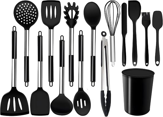Silicone Kitchen Utensil Set-15-Piece Stainless Steel Cooking Tool Kit with Holder, Spatula, Ladle, Pasta Server, Tongs, Whisk & More, Non-stick Heat Resistant, BPA Free, Dishwasher Safe, Black