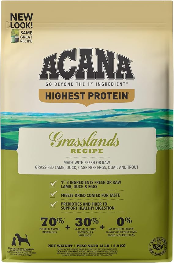 ACANA Highest Protein, Grasslands, Grain Free Dry Dog Food, 13lb