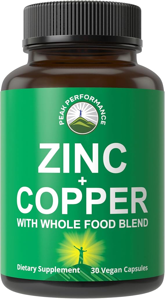 Zinc with Copper Capsules with Whole Food Blend of 25+ Vegetables & Fruits | Immune Support Supplement Pills for Men & Women by Peak Performance. Zinc Plus Copper Two Essential Minerals for Immunity