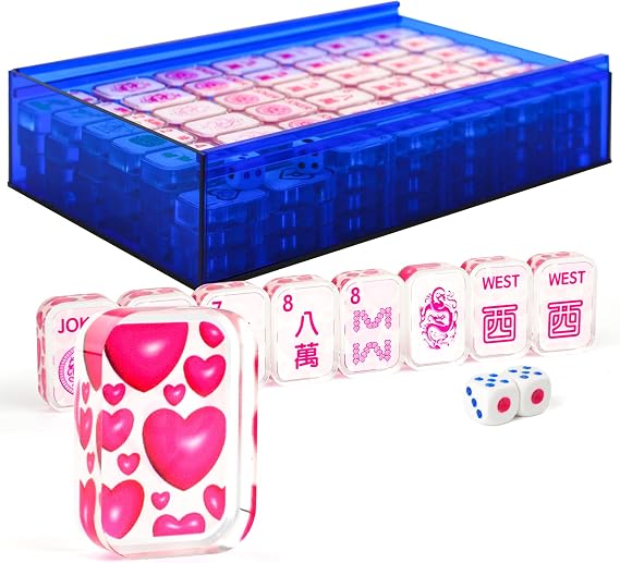 166 Pink Love Acrylic American Mahjong Tiles for Begginners | NMJL Compatible, 1.18'' Acrylic Mah-Jongg Tiles Sets with Box and 2 Deic (No Mahjong Racks and Plusher) for Game Night