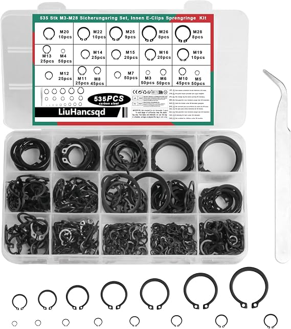 535pcs Circlips Set, 19 Sizes External Retaining Ring Assortment