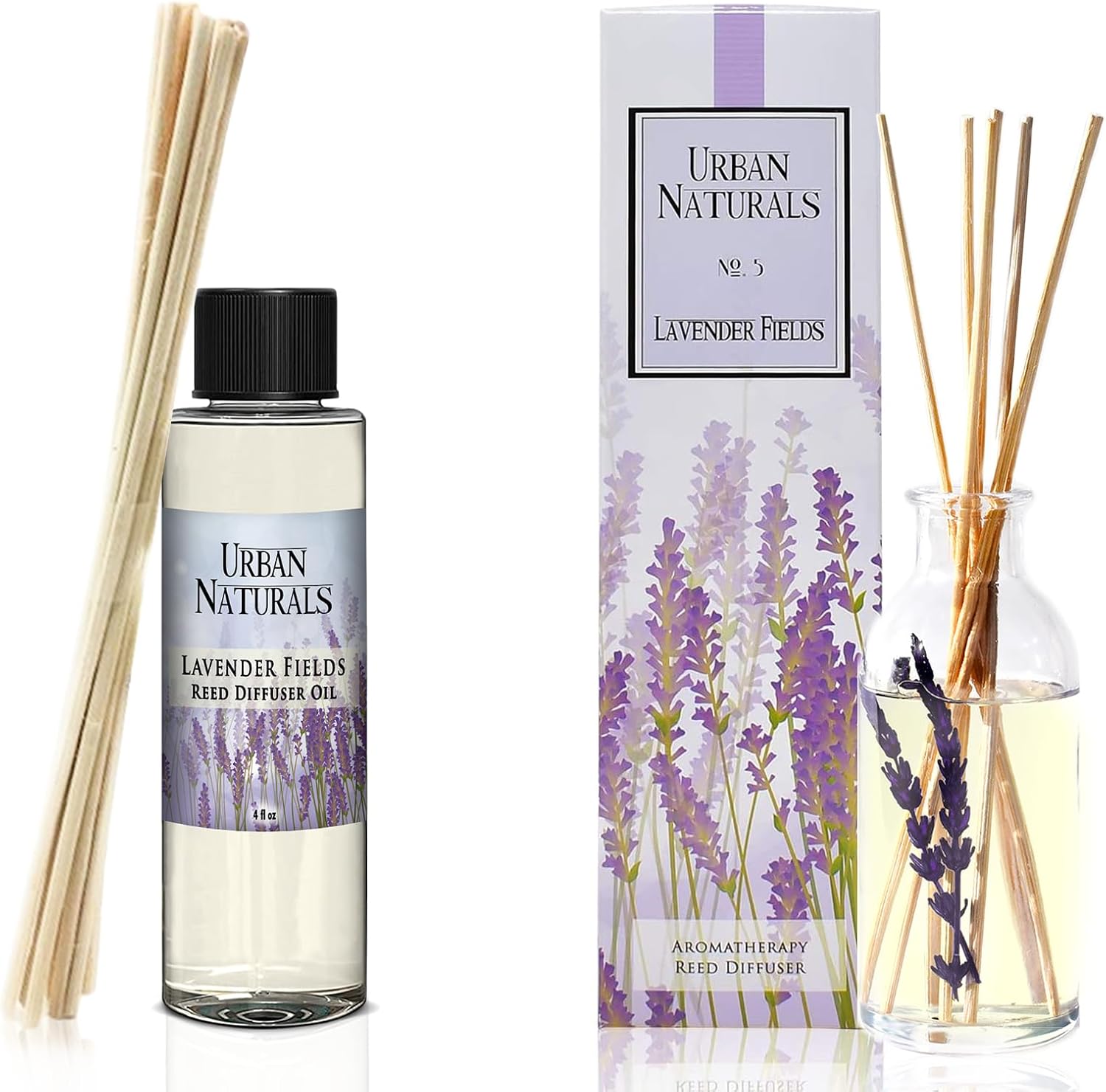 Urban Naturals Lavender Fields Reed Diffuser Refill, 4 oz, Bundle with Lavender Fields Reed Diffuser Set - Made with Essential Oils in The USA