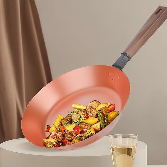 11.2-Inch Handmade Pure Copper Frying Pan - Premium Red Copper Cookware for Professional Cooking