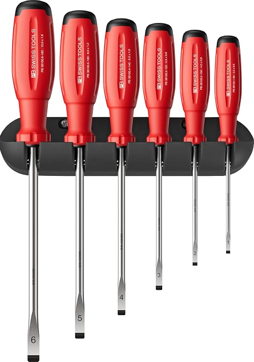 PB Swiss Tools Slotted Screwdriver Set PB 38240.CBB | 100% Swiss Made | 6-Piece SwissGrip Evo Screwdriver Set, Flat Size 1-6, Including Practical Wall Mount