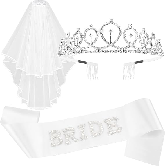 Chanaco Bride to Be Sash Bachelorette Party Accessories Shower Decorations Favors 3Pcs Wedding Veils and Bridal Sashes for Brides Silver Crowns for Women Engagement Gifts