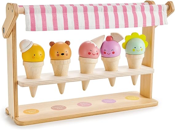 Tender Leaf Toys - Scoops and Smiles - Ice Cream Toy Shop with 5 Beautiful Solid Wood Ice Cream Cornets Set for Kids 3+