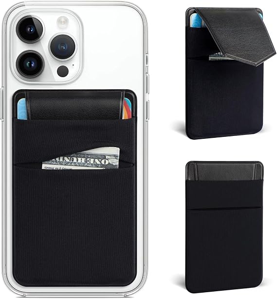 Phone Card Holder,2Pack Phone Wallet Stick on Credit Card Holder for Phone Case Stretchy Double Pocket with Flap,Adhesive Sticker for Back of Phone- Black