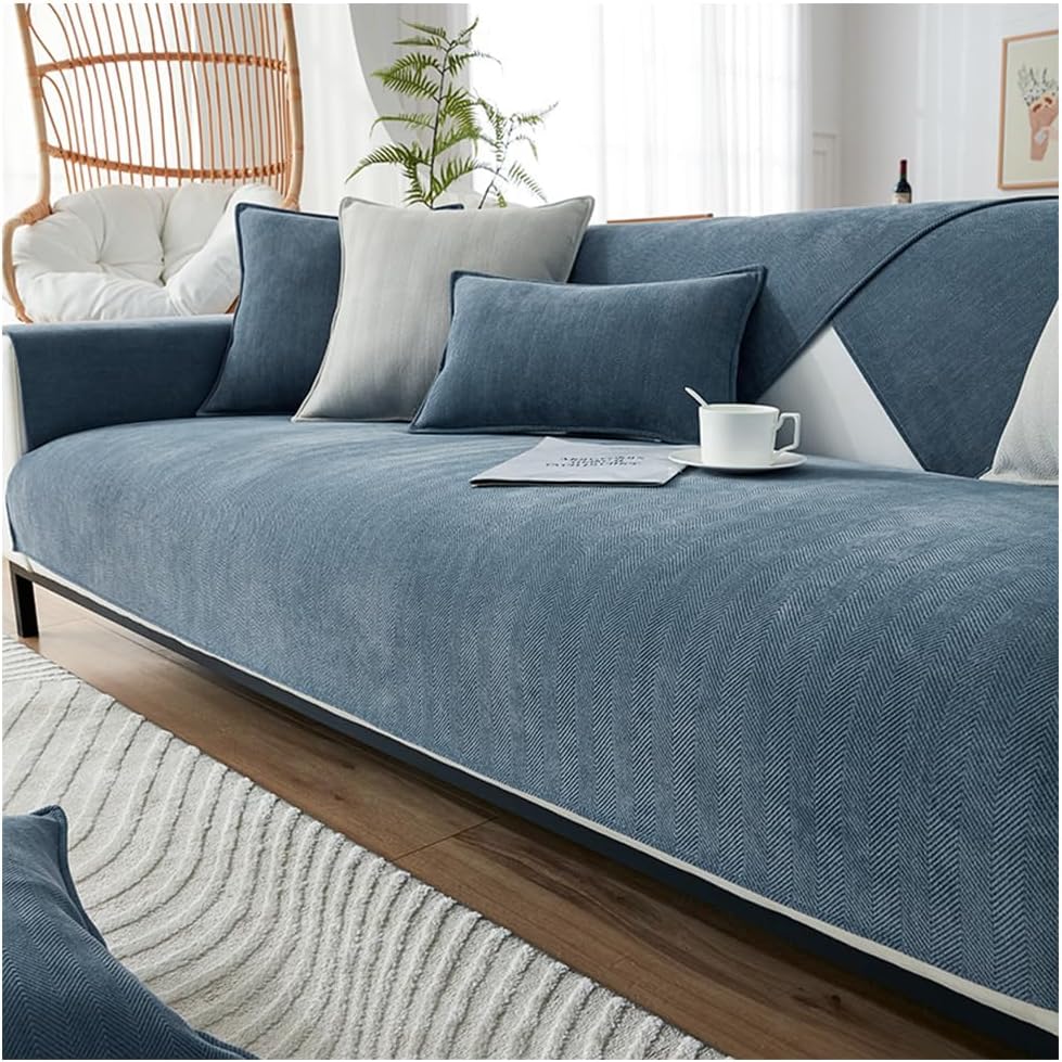 NUODWELL Herringbone Chenille Sofa Cover 1/2/3/4 Seater, Furniture Protector Couch Cover Universal Non-Slip L Shape Couch Cover Quilted Corner Slipcovers for Living Room (Grey Blue, 90 * 160cm)