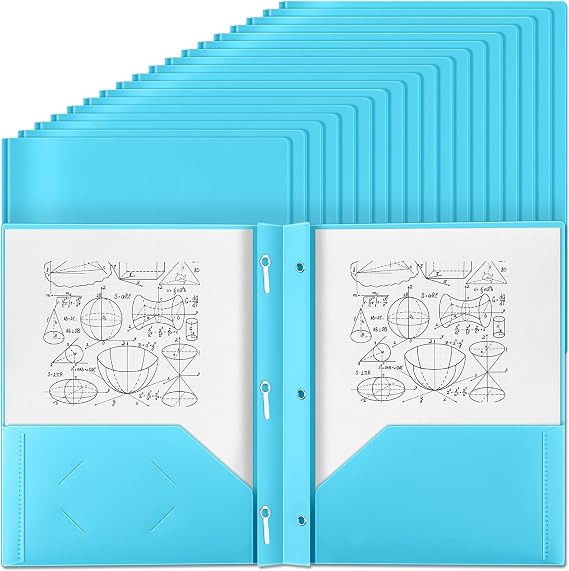 Yeaqee 60 Pcs Plastic Folders with Pockets and Prongs Plastic Folder 2 Pockets 3 Prongs with Card Slot for Office, School for Students, Teachers, Office Workers (Light Blue)