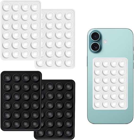 4 PCS Silicone Suction Phone Holder,Suction Cup Phone Holder,Mini Anti-slip Sticky Phone Case Mat,Multifunctional Phone Sticky Pad Grip for Wall (Black*2+White*2)