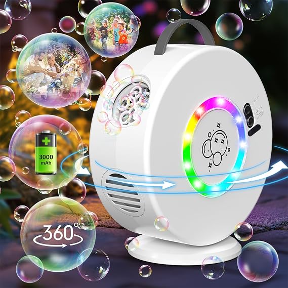 Bubble Machine for Kids Toddlers, 90 360 Rotatable Automatic Bubble Maker with RGB Light, 4000 BubblesMin Bubble Blower for 3 4 5 6 7 8 Year Old, Easter Christmas Birthday Outdoor Wedding Gifts