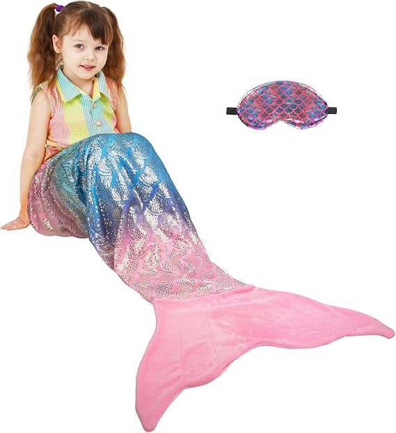 Catalonia Mermaid Tail Blanket with Sleep Mask, Wearable Blanket for Girls | Shimmering Fish Scale Pattern, Cozy for Sleeping, Reading and Relaxing, Fun Birthday and Holiday Gift for Daughters