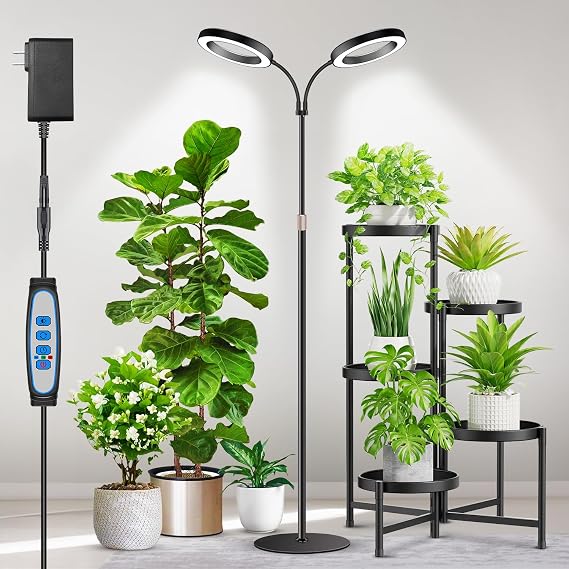 Aumtrly 2 Head Grow Light Full Spectrum, Black, with 68" Adjustable Stand [Energy Class F]