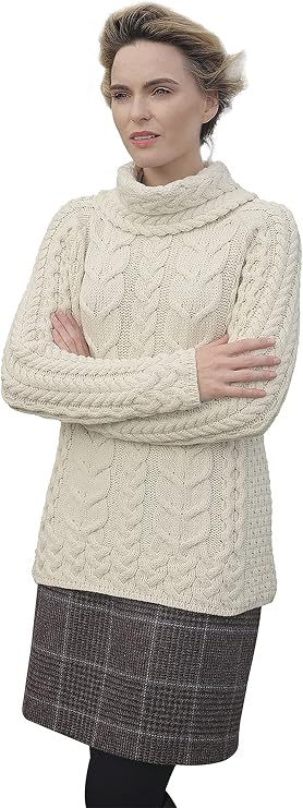 Supersoft Merino Wool Cowl Neck Knit Irish Aran Sweater