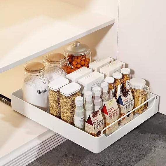 Pull Out Cabinet Organizer, Pull Out Telescopic Kitchen Drawer, Extendable Sliding Kitchen Pullout Drawers for Kitchen Cupboard Cabinet, Drill-Free, 35cm W x 43cm D x 7cm H, White