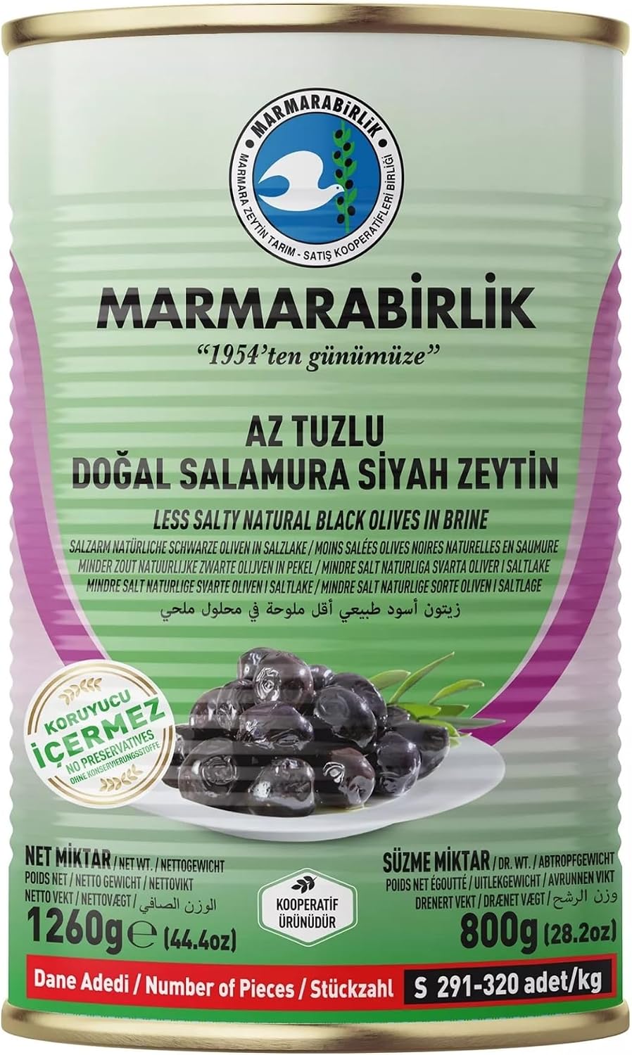 Marmarabirlik Low Salt Natural Brine Juicy Olives 800 gr Tin S 291-320