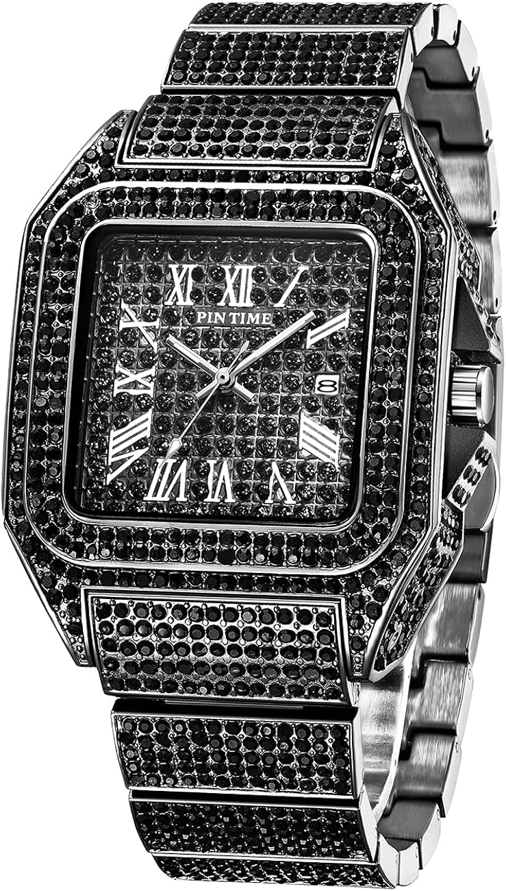 PINTIME Mens Fashion Crystal Watch Luxury Diamond Bracelet Watch Big Face Square Full Bling Iced Out Watch for Men Hip Hop Rapper