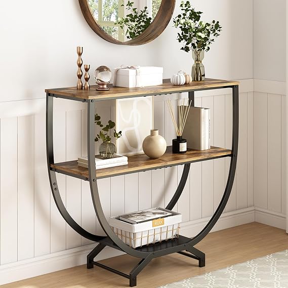GILLAS 3 Tier Console Tables, 30" Height Entryway Table, Sofa Table Behind Couch, Industrial Entryway Furniture TV Stand with Storage for Living Room, Easy No-Extra-Tools Assembly, Rustic Brown