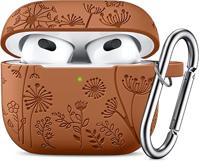 Lerobo Brown Flower Engraved Case for AirPods 3rd Generation, Silicone Cover with Keychain, Full Protection, Front LED Visible