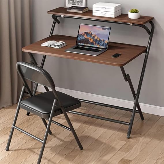 Small Folding Desk,2-Tier Foldable Computer Desk with Shelf,Space Saving Portable Laptop Study Writing Table,Tiny Desk Study Desk for Home Office,no Assembly Required