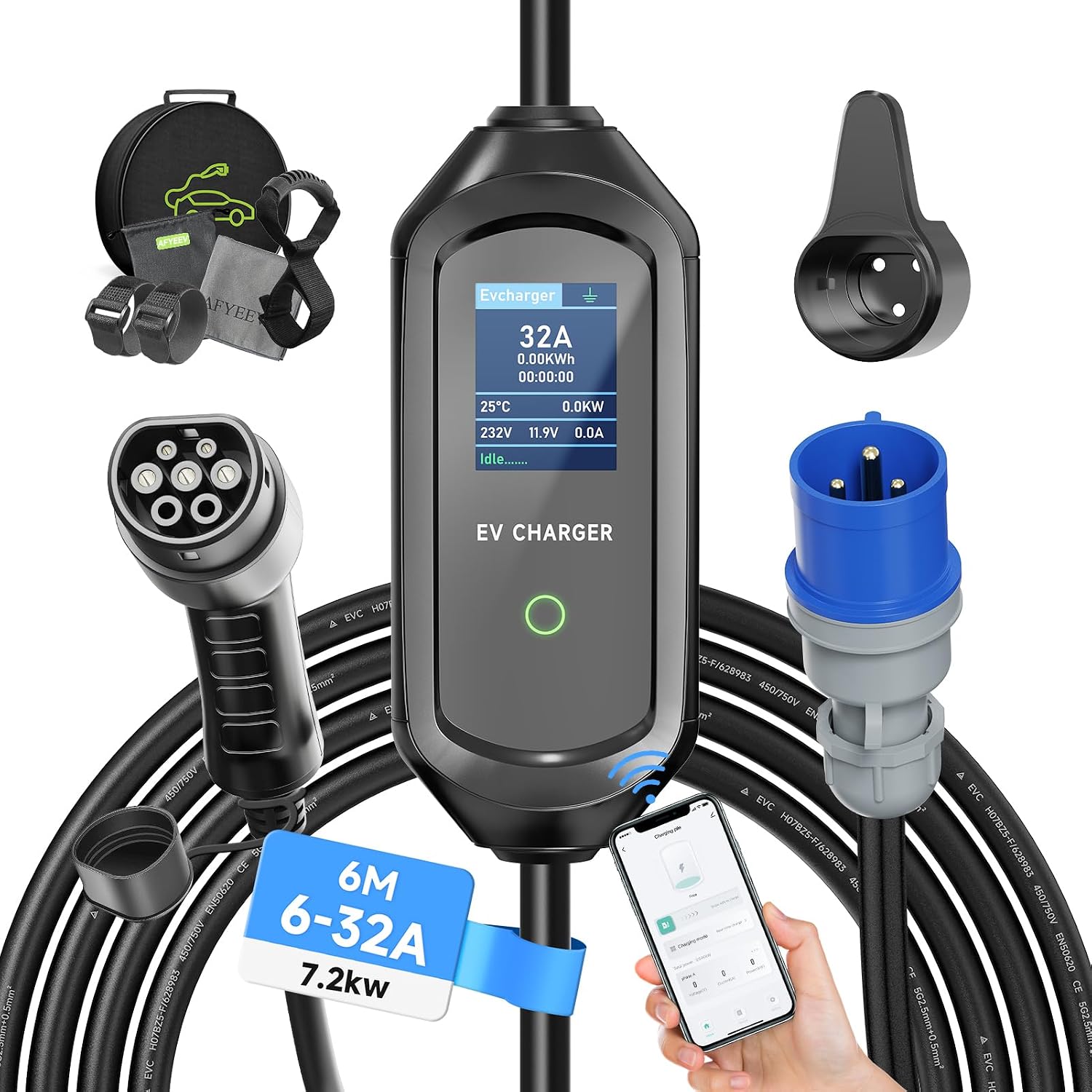 AFYEEV EV Charger Type 2 to 3 Pin Commando Plug, 810131632A Adjustable Current, 6Meter, IP65 EV Charger, 7.2kW EV Charger Type 2, 1-12 Hours Delay Timer, Carry Bag Included