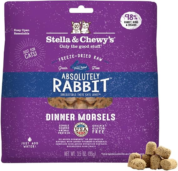 Stella & Chewy's Freeze-Dried Raw Cat Dinner Morsels - Premium Rabbit Recipe with 98% Responsibly-Sourced Meat & Organs - Natural Grain-Free Cat & Kitten Food - Made in USA - 3.5 oz