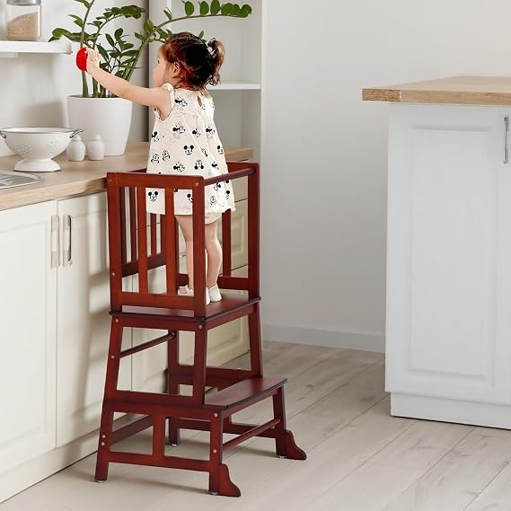 COSYLAND Toddler Kitchen Step Stool - Nursery Step Stool for Kids with Anti-fall Feet - Wodden Standing Tower for Kitchen Counter - Mothers' Helper Kids Learning Stool (Brown)