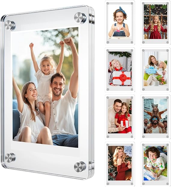 8-Pack Value Acrylic Fridge Magnetic Picture Frames Double Sided Instax & Polaroid Frame Strong Magnet for Refrigerator, Locker & Wall 2.3 x 3.5 Inch Transparent