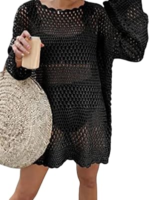 Scacto Womens Black Crochet Beach Dress with Bell Sleeves