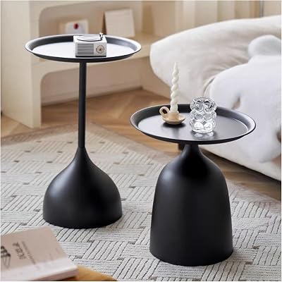 Side Coffee Table Set, Living Room Small Round End Table, Metal Nesting Tables Pedestal Tables Sofa Side and Bedside Console Table, Matt Black Black