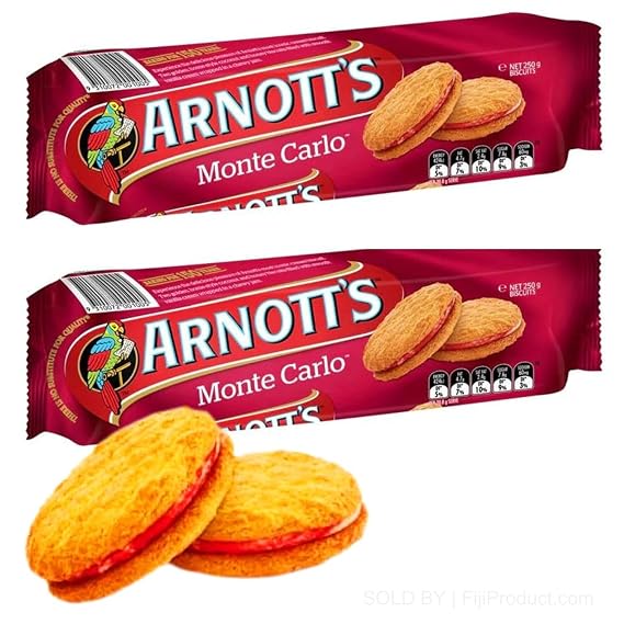 Monte Carlo Jam & Cream Biscuits 250g (2 Pack Deal) Honey biscuits filled with smooth vanilla cream wrapped in a chewy jam