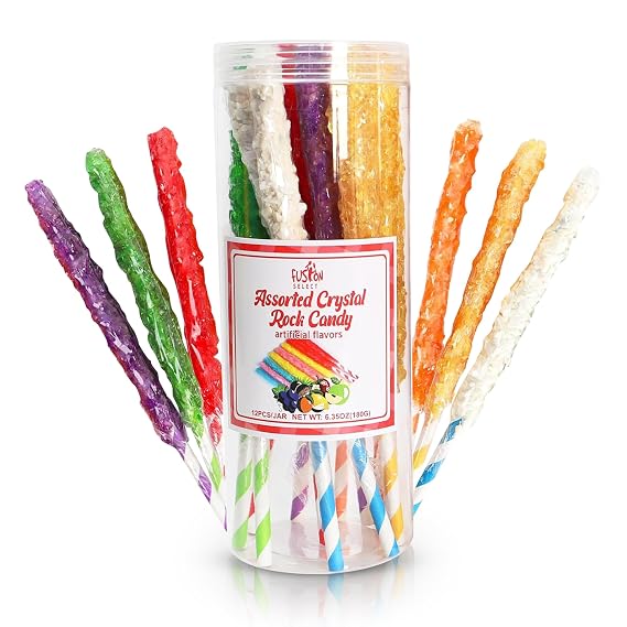 Fusion Select Crystal Rock Candy Sticks - Sweet Hard Sugar Lollipop Snacks with Strong Flavors - 12 Assorted Extra Large, Individually Wrapped Candies - Colored Buffet Treats & Party Favors for Kids