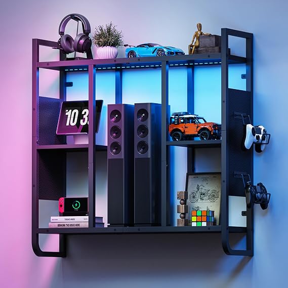 MAHANCRIS Gaming Floating Shelf with LED Lights, Wall Display Shelf