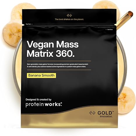 Protein Works Vegan Mass Matrix 360 - Gold Banana Smooth 2 kg Vegan Mass Gainer Weight Gain Supplement Tri Protein Mix Amino Acids Post-Workout Protein Shake 10 Servings