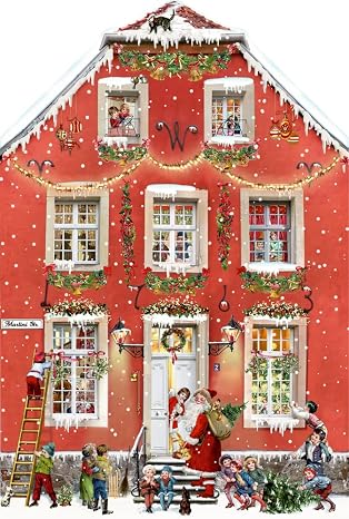 Christmas at the Mansion Coppenrath Advent Calendar Double sided Designed by Barbara Behr. Folded 29.5 x 43.5 cm Unfolded 59 x 43.5 cm. Iridescent glitter nd gold foil