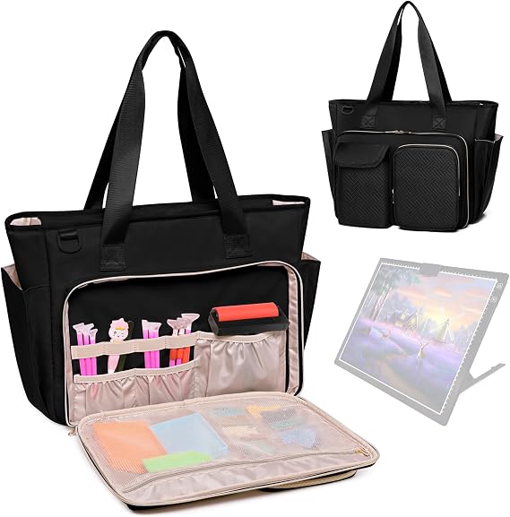 Fasrom Diamond Painting Carrying Case, A4 Light Pad Storage Bag | Padded Sleeve for LED Light Box, Multiple Pockets for Diamond Art Accessories, Craft Storage & Travel, Empty Bag Only, Black