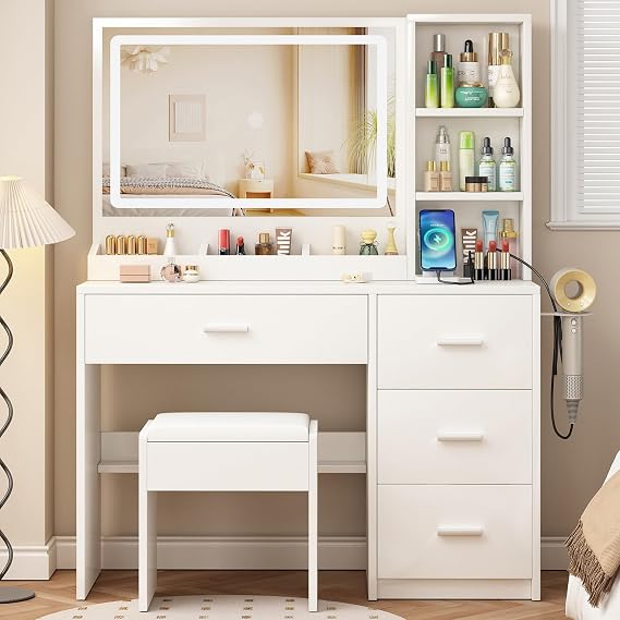 OTOQS Vanity Desk with Mirror and Lights,4 Drawers & Bench Vanity Desk Set