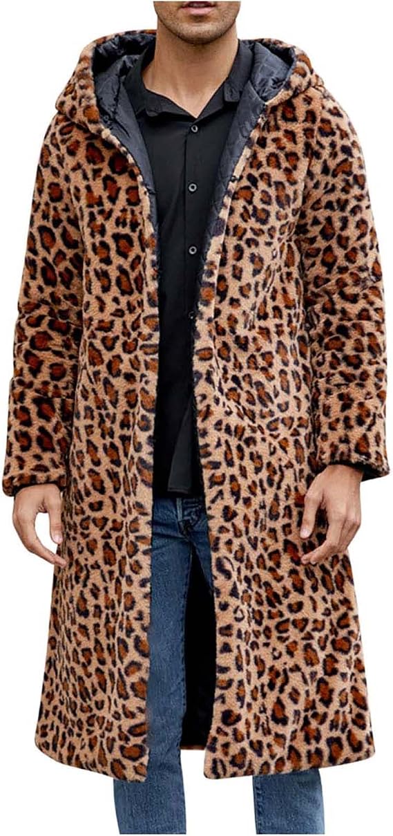 Mens Faux Fur Coat with Hood Leopard Print Open Front Cardigan Plus Size Fleece Jackets Long Fuzzy Jacket