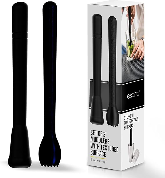 Esatto Professional Bar Tool Muddler 25 CM (9 Inches) Ribbed Made with ABS Plastic, Black Set of 2 Durable and Ribbed for Mashing Fruits, Berries, Sugar, Spices, and Herbs