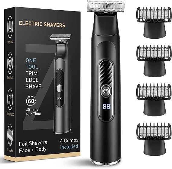 Beard Trimmer Men, All-in-One Tool Body Hair Trimmer Men with Perforated Dual-Sided Blades,Painless Electric Razors for Men,IPX7 Waterproof Cordless Grooming Kit for Face and Body, LED Display
