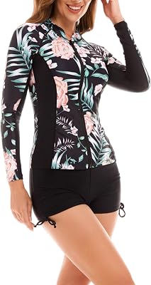 SEAUR Women Rash Guard Set Two Piece Long Sleeve Zipper Swimsuit with Boyshorts UV Sun Protection Bathing Suit