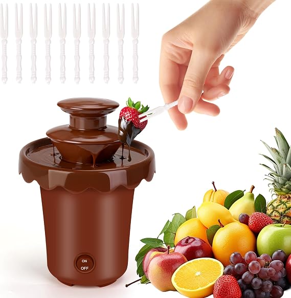 Chocolate Fountain Machine, Flantor Battery-Powered Portable Mini Chocolate Fountain - Cordless 2-Tier Fondue Machine with 10 Dipping Forks for Outdoor Parties, Weddings, Birthdays (Brown)