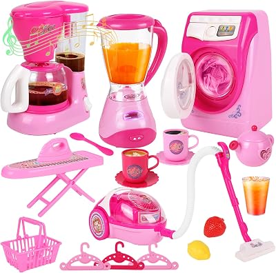 Coherny Play Kitchen Sets for Kids Ages 4-8, Kids Kitchen Playset with Realistic Coffee Maker Machine, Toaster, Mixer Blender, Pretend Play Toys with Light & Sound for Toddles Girls Boys Gifts Set F