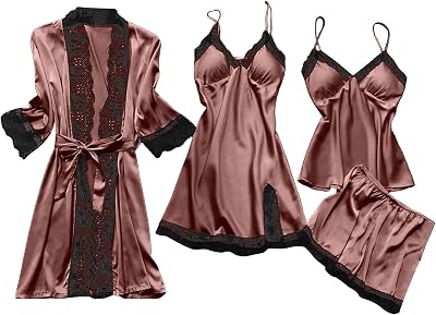BOXIACEY Satin Pajama Set for Women 4 Piece Silk Pajama Set Lace Nightgown and Robe Sets Sexy Lingerie Sleepwear Set