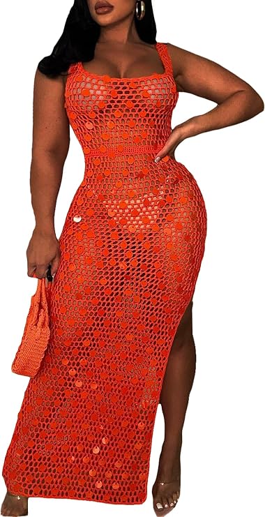 Ecirod Womens Sequin Crochet Maxi Tank Dress Summer Beach Cover Ups Sexy Cut Out Slit Sleeveless Dresses