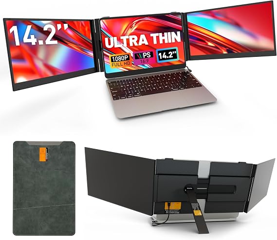One Cable Connection Laptop Screen Extender Monitor Portable, Ultra Thin 14.2" 1080P FHD Lightweight Triple Screen,Fit for 13-17" Laptop, Plug & Play Compatiable with Win/Mac/Chrome/Android/Switch