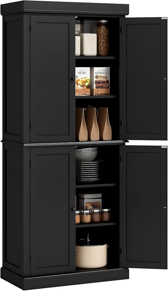 HOMCOM 72.5" Tall Kitchen Pantry Cabinet 4 Doors Modern Black