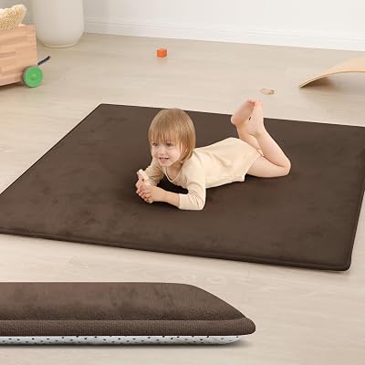 Baby Play Mat for Floor,1.3 Thick Elasti-Foam 5050 Playpen Mat for Tummy Time,Water Repellent Soft Coral Velvet for Toddler,Infant,Kids,Non-Slip Backing Safe for CrawlingDark Brown