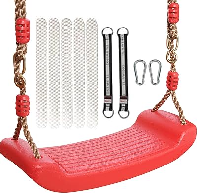 Plastic Swing Seat,Kids Swing Seat with 6.6ft Adjustable Rope and 2 Carabiners,Red Swings Pro with Non Slip Tape for Backyard Playground Indoor Outdoor